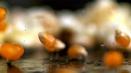 Poster - Super slow motion popcorn grains fall into the oil. Filmed on a high-speed camera at 1000 fps. High quality FullHD footage