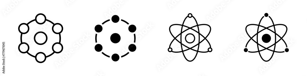 Atom icon set. Molecular particles vector sign. Nuclear orbit model ...