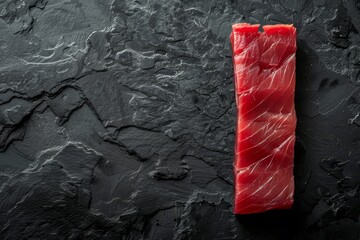 Wall Mural - Raw tuna fillet showcased on black stone backdrop View from above with available space