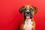 Fototapeta  - Curious Gaze: Young Boxer Puppy Against Vivid Red - Generative AI