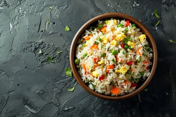 Wall Mural - Traditional Chinese fried rice in a ceramic brown bowl on a rustic concrete table