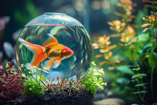 Goldfish in Fish Bowl Surrounded by Plants, A single goldfish in a fishbowl with plants and decorations, AI Generated