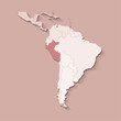 Vector illustration with South America land with borders of states and marked country Paraguay. Political map in brown colors with regions. Beige background