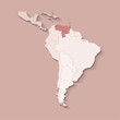 Vector illustration with South America land with borders of states and marked country Venezuela. Political map in brown colors with regions. Beige background