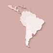 Vector illustration with South America land with borders of states and marked country Uruguay. Political map in brown colors with regions. Beige background
