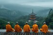 Buddhist monks in meditation and chanting sessions at an ancient temple