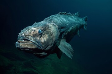 Wall Mural - A significant fish gracefully swims through the water in its natural habitat, A slow-moving, ancient-looking coelacanth in the deep ocean, AI Generated