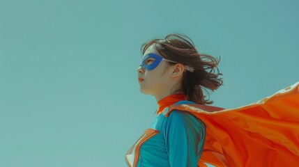 Craft an energetic image featuring a girl in a superhero costume against a light blue background. 