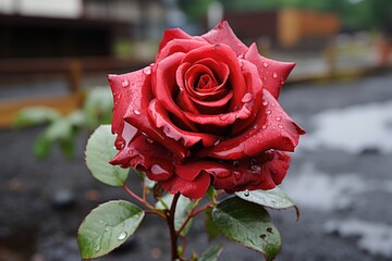 Red rose with water drops in garden.