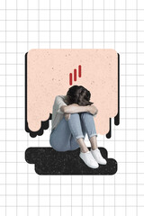 Sticker - Vertical photo collage of upset depressed girl hug knee hopeless mental health problem loneliness burnout isolated on painted background