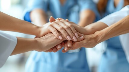 Members of a medical team stacking hands: doctors and nurses