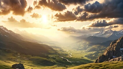 Poster - Mountain landscape at sunset. Panoramic view of the mountains and valley, Mountain valley during sundown. Beautiful naural landscape in the summer time, AI Generated