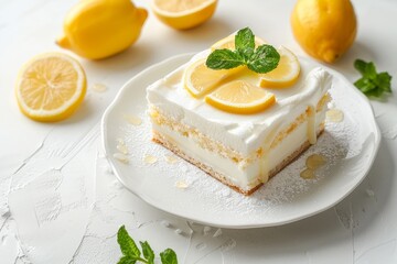 Canvas Print - Vanilla and custard cream cake with fresh lemons mint and blank space