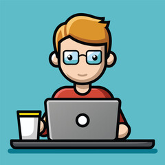 cute man working on laptop with coffee vector