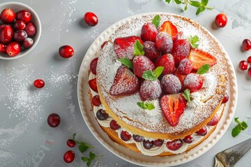 Canvas Print - Victoria sandwich cake with strawberries cranberries mint top view