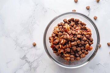 Poster - View from above of wet pet food in bowl on white table