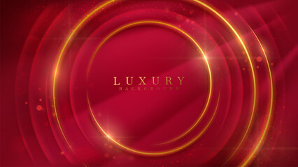 Wall Mural - abstract red background with gold glowing circles and sparkling particles for a luxurious, dynamic e