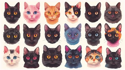 Wall Mural - Muzzles of a cats. Set of different watercolor cats muzzles. Watercolor animal painting. Kids background. Hand drawn illustration. Painted backdrop. Cloth pattern. Cat, kitten, head.