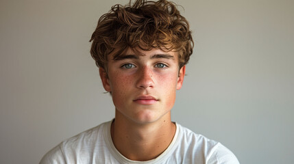 Wall Mural - Portrait of a teenage boy with curly hair and freckles, looking at the camera with a neutral expression, against a plain background. Natural light highlights his features.