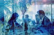 A light and airy collage featuring diverse business professionals engrossed in laptop research, with data visualizations layered in a subtle, double-exposure style. Light blue hues 