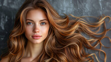 Portrait of a young woman with flowing long hair and natural makeup, showcasing her flawless skin and captivating gaze against a blurred grey background.