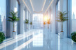 White modern office interior with glass walls and sun rays, white marble floor, interior plants, perspective view of the corridor leading to large windows overlooking cityscape. Created with Ai
