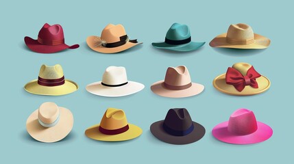 A set of women's fashionable hats in different colors and styles is presented in retro style, including elegant broad-brimmed hats, panama, gaucho, and fedora