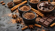 Assorted chocolate pieces, cocoa powder in a bowl, cinnamon sticks, and star anise on a dark textured background. Concept for baking and sweet recipes.