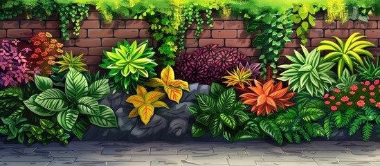 Sticker - A vibrant painting of a garden with beautiful flowers and plants growing on a brick wall, creating a natural landscape with trees, shrubs, and groundcover