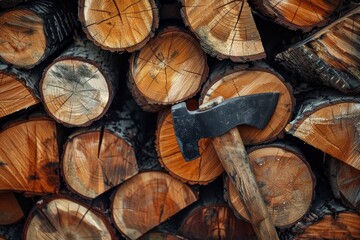 Poster - Woodcutter logs with outdoor wood pile and axe