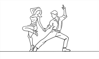 Sticker - Couple dancing continuous line art drawing isolated on white background. Disco line art drawing. Vector illustration