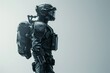 Futuristic soldier exoskeleton in 3D, highlighted in a minimalist setting, demonstrating the future of infantry