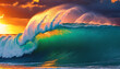 A large colorful ocean wave crashing onto the beach.