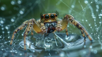 spider on the web face problem with drop of water 