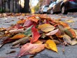 A pile of autumn leaves on the ground. The leaves are of different colors, including red, yellow, and brown. The scene is peaceful and serene, with the leaves scattered across the pavement