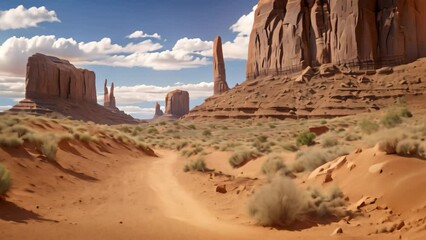 Poster - A dusty dirt road stretches through the dry and barren expanse of a desert, Navajo tribal park Monument Valley in Arizona, AI Generated