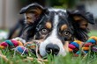 A tricolour Kelpie dog with a colourful toy in its mouth resting on grass