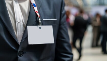 Businessman with blank security ID card on lanyard at event