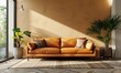 Living room interior wall mockup in warm tones with leather sofa which is behind the kitchen