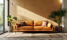 Living Room Interior Wall Mockup In Warm Tones With Leather Sofa Which Is Behind The Kitchen