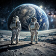 Astronauts on the Moon looking at Earth.  The character and all objects are fictitious, the image was created using the neural network Fooocus v2