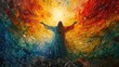 transformative watercolor rendition of Jesus Christ's resurrection, bursting forth from the tomb with a triumphant aura.