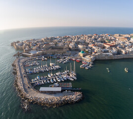 Wall Mural - Panoramic Aerial View of Acco, Acre, Akko old city with crusader palace, city walls, arab market, knights hall, crusader tunnels, in Israel