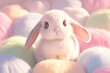 Fluffy angora rabbit, watercolor clipart surrounded by soft pastel-colored wool clouds