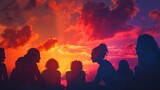 Fototapeta Tulipany - A group of people are sitting together and looking at the sunset. The sky is filled with clouds and the sun is setting