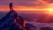 A man is standing on a mountain peak with a sunset in the background. Concept of adventure and accomplishment, as the man has reached the summit of the mountain