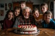 Elderly man with grandkids smiling over birthday cake. generative ai