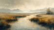 A tranquil landscape with rolling hills and a winding river, painted with soft and hazy oil brushwork.