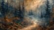 A mysterious forest path shrouded in mist, the haunting atmosphere created with muted oil tones.