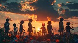 Fototapeta Tulipany - A group of children are holding lanterns and standing in a field. The sky is orange and the sun is setting